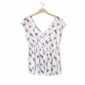 KISMET | White & Purple Floral Sleeveless Drawstring Blouse – Women's Small